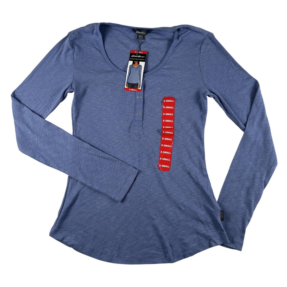 Eddie Bauer Shirt Womens XS Colony Blue Scoop Snap Henley Long Sleeve Top